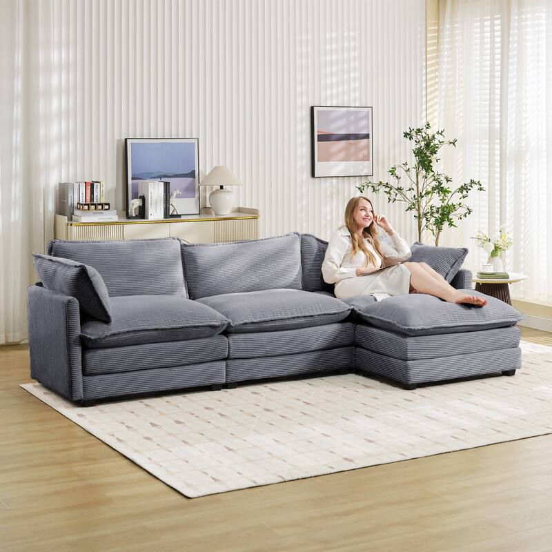 3-Seat Corduroy Modular Sofa with an Independent Removable Ottoman for Living Room or Business
