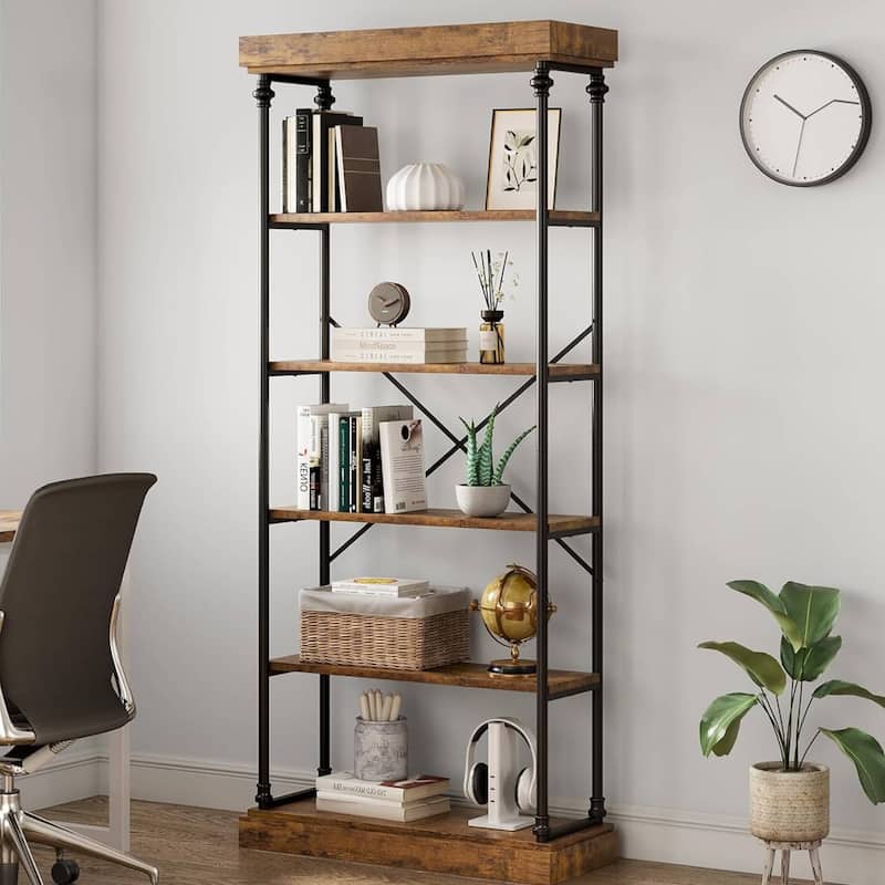 Industrial 6 Tier Tall Wood Bookcase with Metal Frame