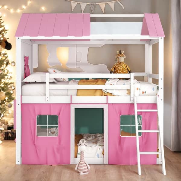 slide 2 of 18, Modren Full over Full Wood Bunk Bed House Bed With Elegant Windows,Sills and Tent For Bedroom Pink+White