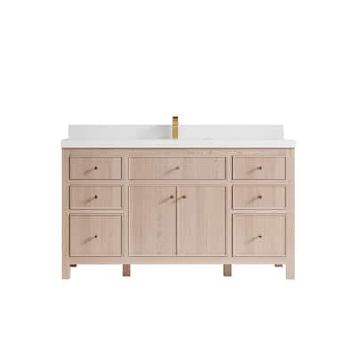 Willow Collections 60 x 22 Sonoma White Oak Wood Single Sink Bathroom Vanity with Quartz or Marble Countertop