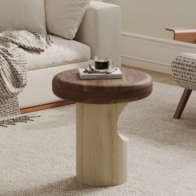 19.7" Round Dual-Wood Coffee Table, Walnut & Light Wood Mid-Century Modern Center Table for Living Room
