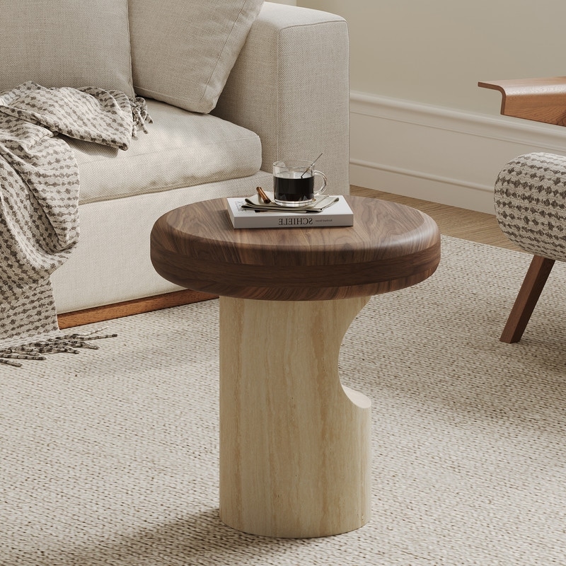 19.7" Round Dual-Wood Coffee Table, Walnut & Light Wood Mid-Century Modern Center Table for Living Room