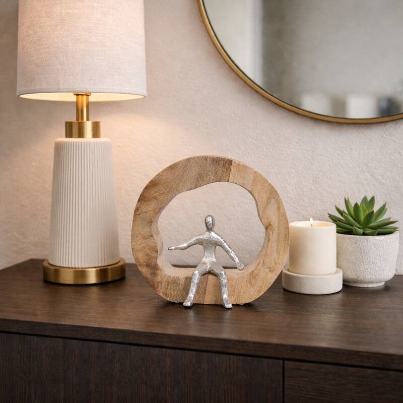 Decorative Figurine on Round Wooden Stand Sculpture