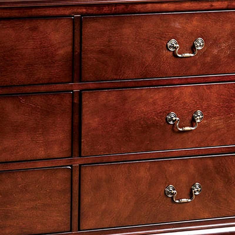 Ryla Wide Dresser, 6 Drawers, Bronze Metal Handles, Cherry Brown Solid Wood