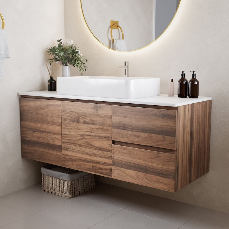 48" Wall-Mounted Bathroom Vanity with Ceramic Sink, Sintered Stone Top