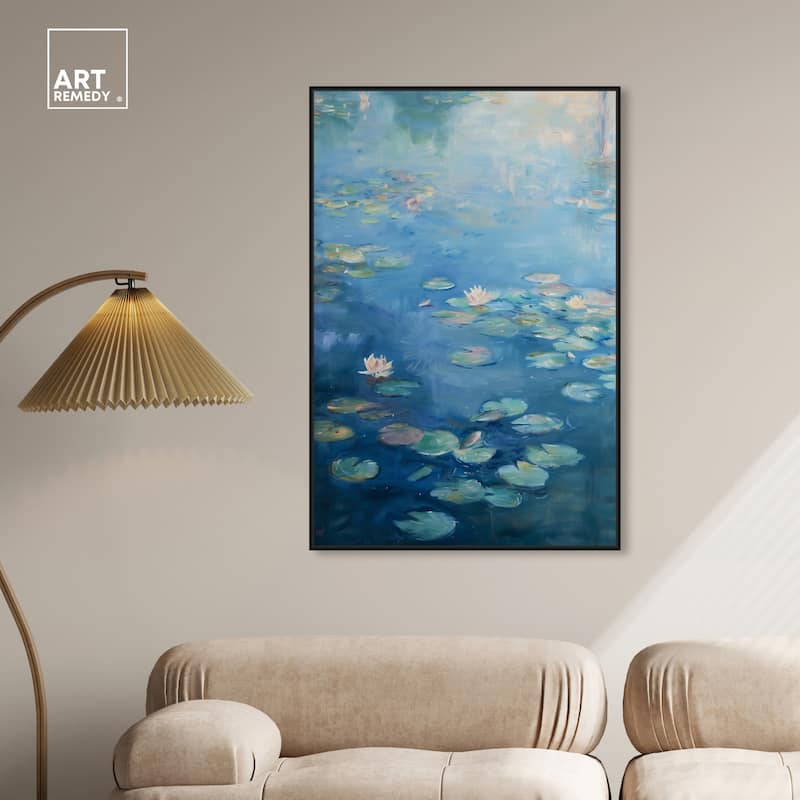 Art Remedy Lilypads In Blues Framed Impressionism 1 Piece Canvas Wall Art /Monet And Van Gogh Inspired Art