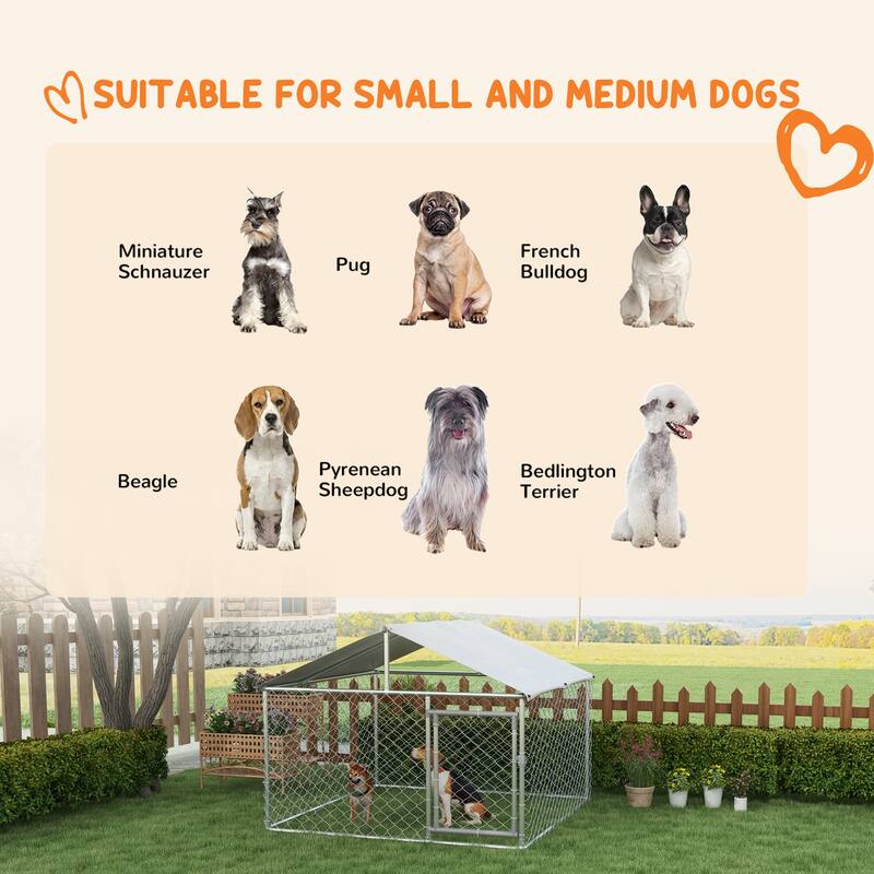Silver Galvanized Steel Outdoor Dog Kennel with UV Roof and Lockable Door - 6.6' L x 6.6' W x 4.9' H