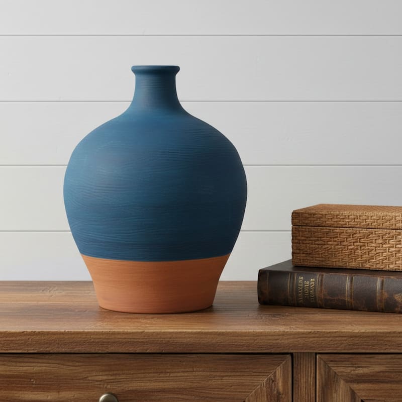 9" Blue And Terra Cotta Ceramic Round Urn - 6.25 - Terra Cotta/Blue - 6.25