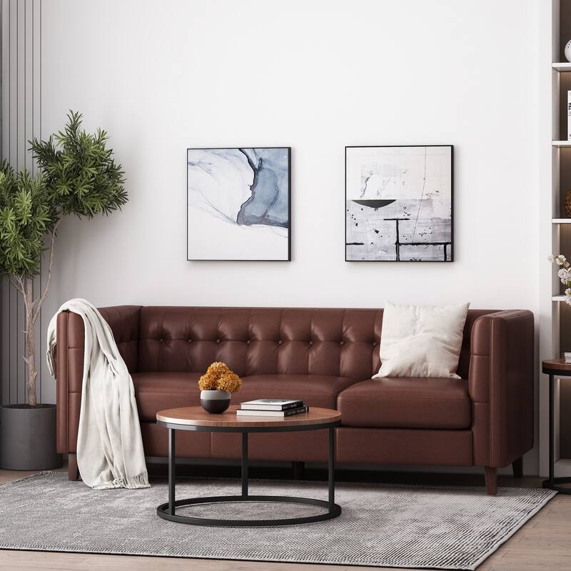 3-Seat Sofa with Tufted Back, Smooth Upholstery, Birch Legs