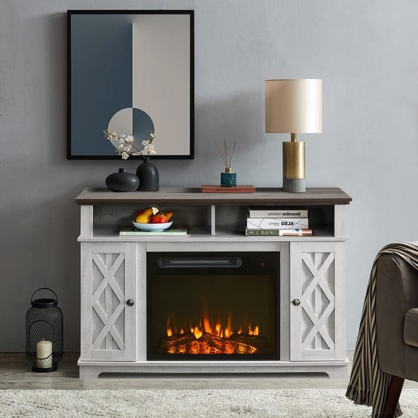 slide 1 of 9, 48 in. TV Stand for TVs up to 55 in. with Electric Fireplace Off White