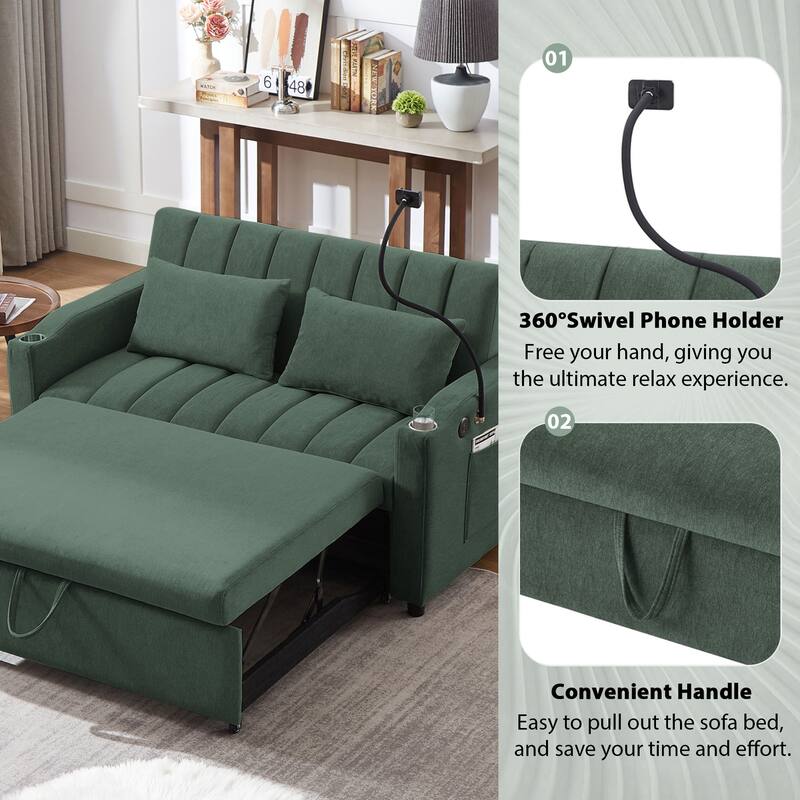 Roomfitters 55 Inch Convertible Sofa Bed Loveseat with 3 USB Ports, 360 Swivel Phone Holder, Green