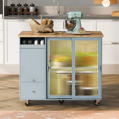 Fluted Glass Doors Kitchen Island with Drop Leaf and LED, Convertible Kitchen Cart on Wheels with Flip Cabinet Door, Grey Blue
