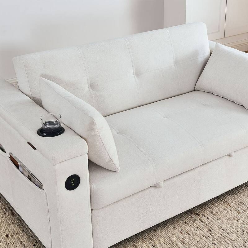 54" Multi-functional Chenille Sofa Bed with Cup Holder and USB Port for Living Room
