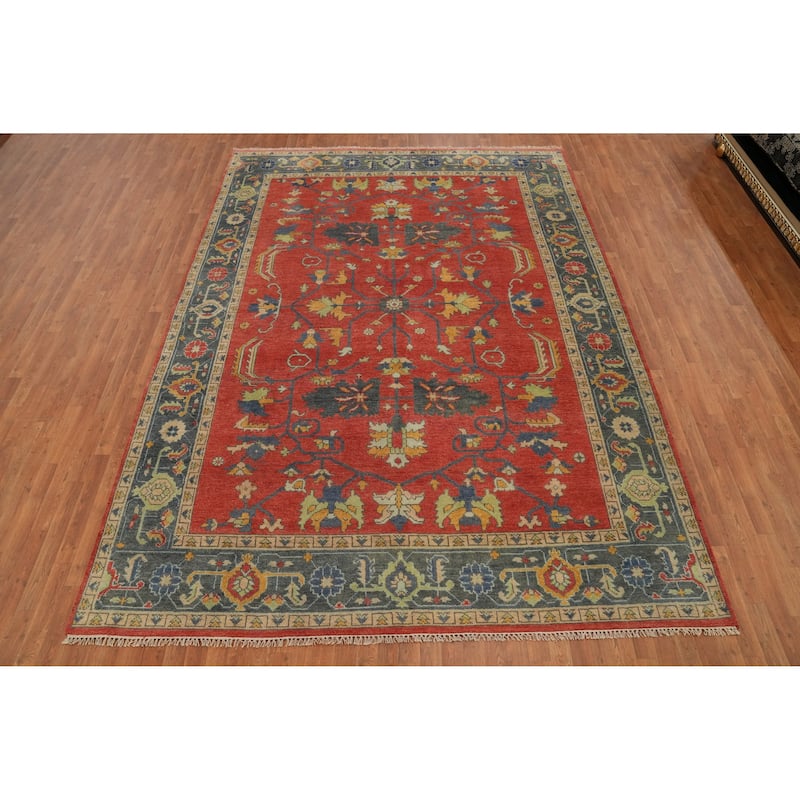 Hand-knotted Transitional Wool Carpet Red Oushak Rug Floral Oriental Area Rug - 12' 0'' X 8' 10''
