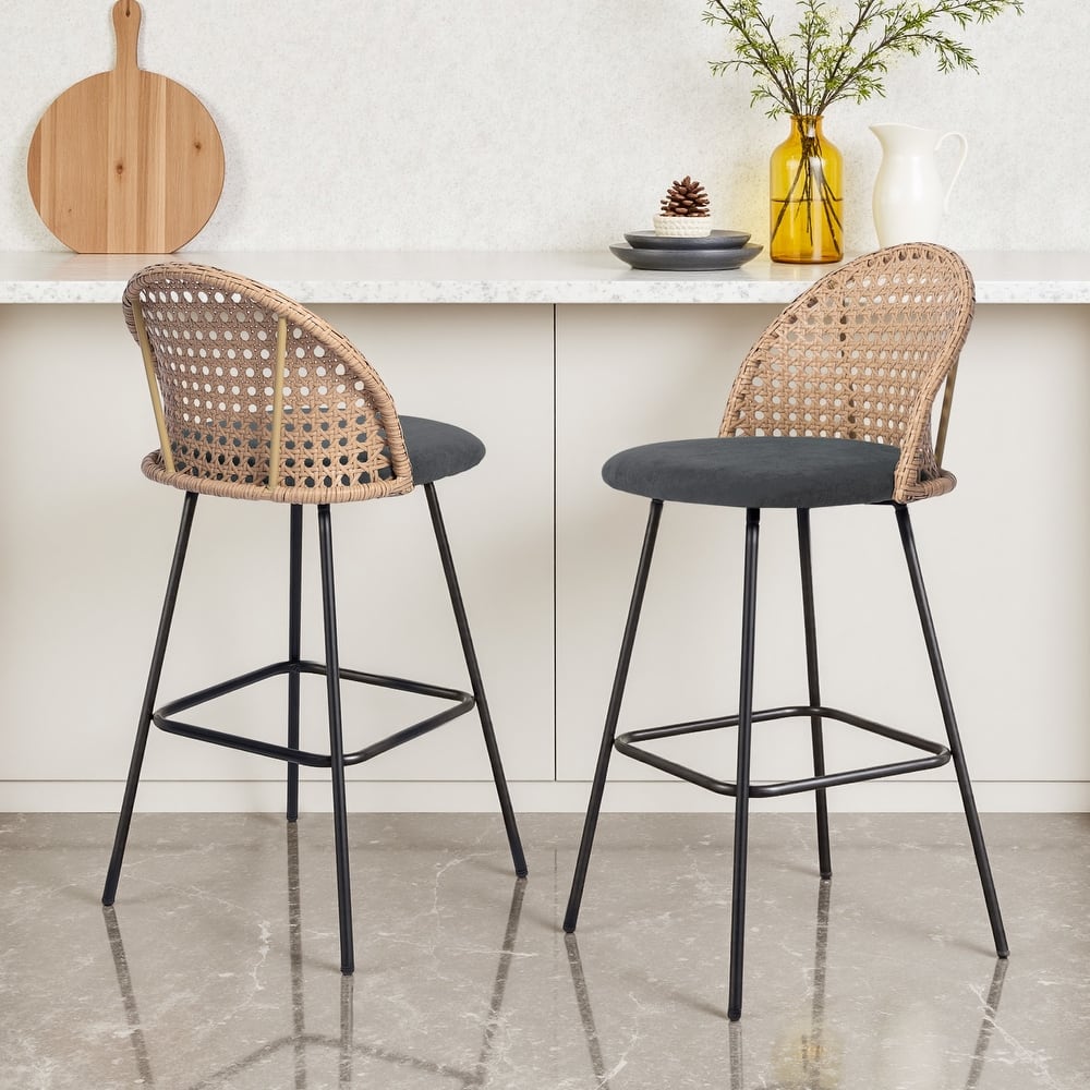 29" Upholstered Swivel Bar Stools with Rattan Back