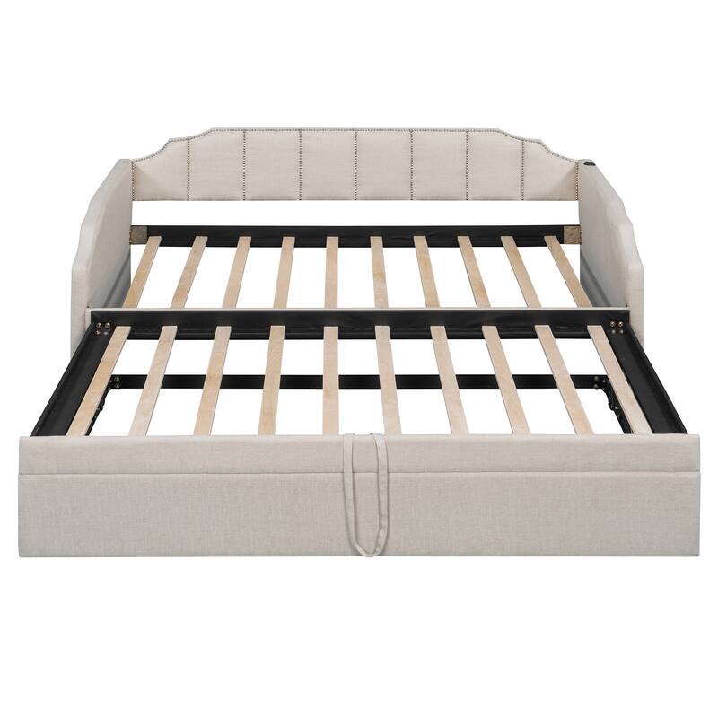 Twin Size Upholstered Daybed with Pop-Up Trundle & USB Charging Ports