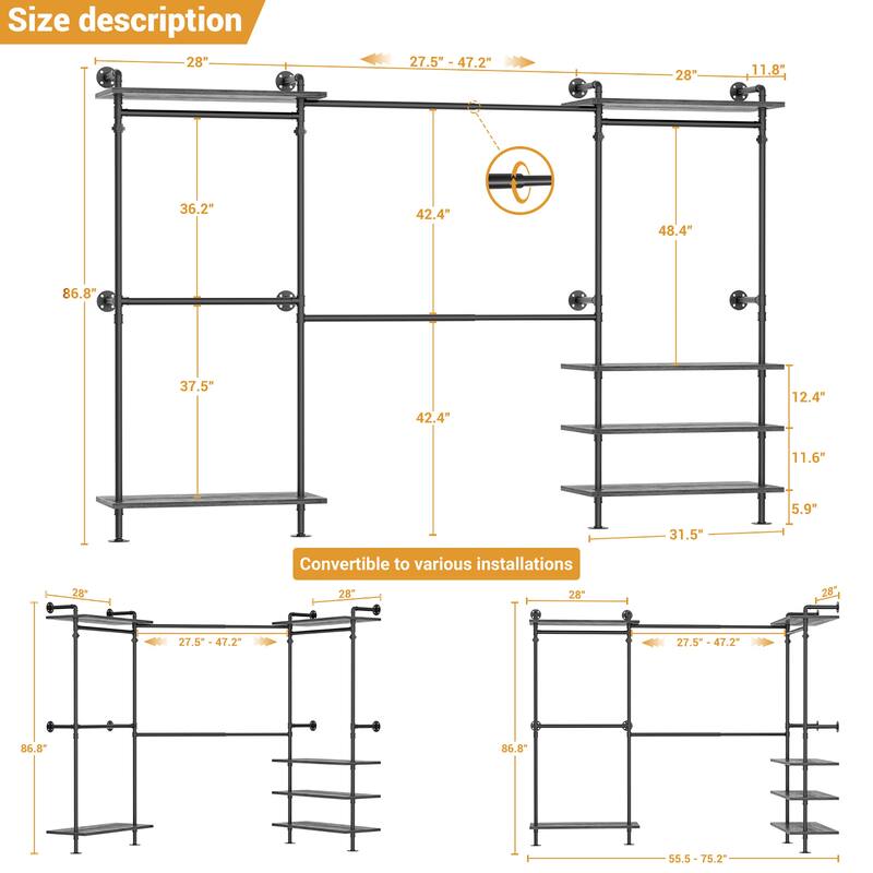 Expandable Industrial Pipe Clothing Rack with 6 Open Shelves,Adjustable Walk-in Closet Organizer System Garment Rack