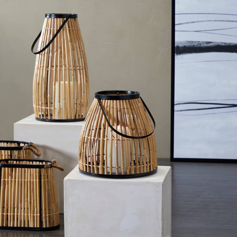 Brown Wicker Handmade Slatted Frame Decorative Candle Lantern with Handle