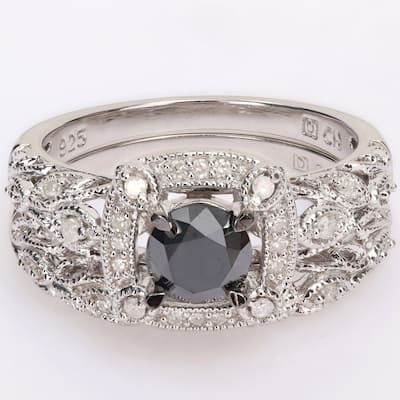 Miadora Sterling Silver 1 1/6ct TDW Black & White Diamond Vintage Bridal Ring Set