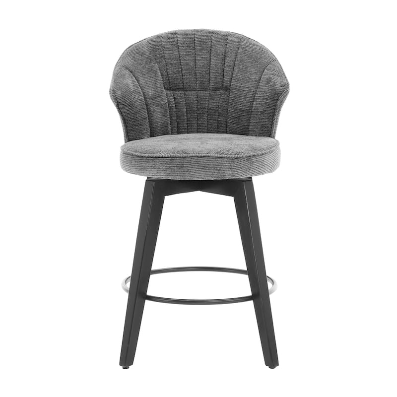 Chenille Upholstery Wing Back Swivel Bar Stools w/ Wood Legs(Set of 2)