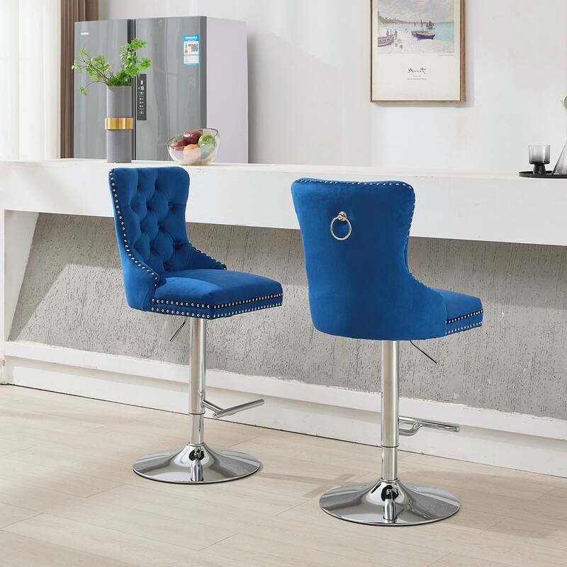 2PCS Swivel Adjustable Height Tufted Bar Stools With Silver Leg