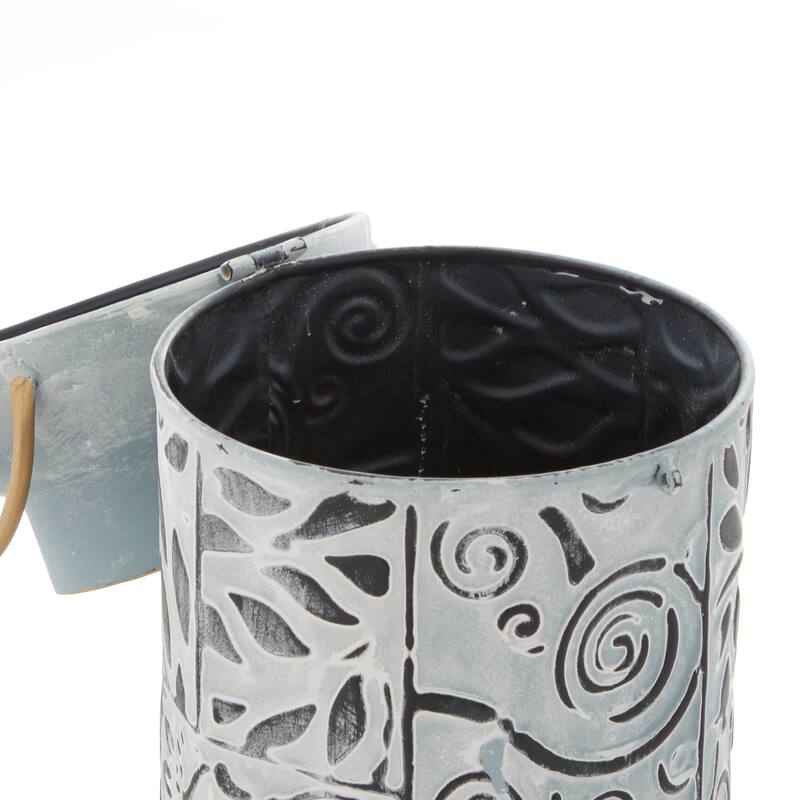 Metal Floral Embossed Vase with Gold Handles - Set of 3 Blue - Roche River Decor - 7"W x 6"L x 8"H