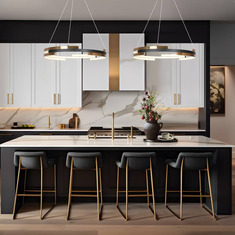 Modern 1-Light Black Gold LED Chandelier Round Hanging Pendant Lighting for Dining Room - 25.5" D x 63.5" H