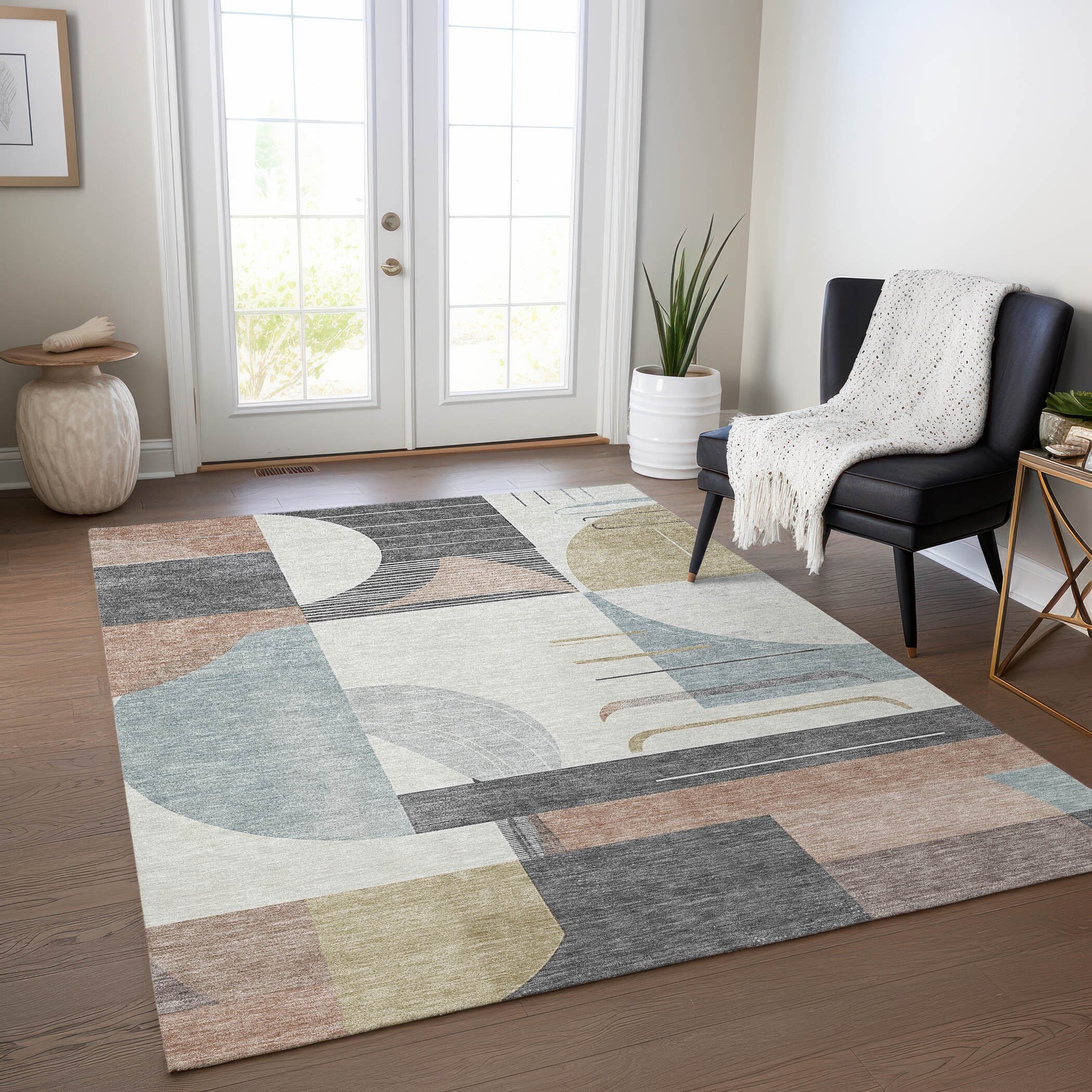 Machine Washable Indoor/ Outdoor Art Deco Contemporary Chantille Rug