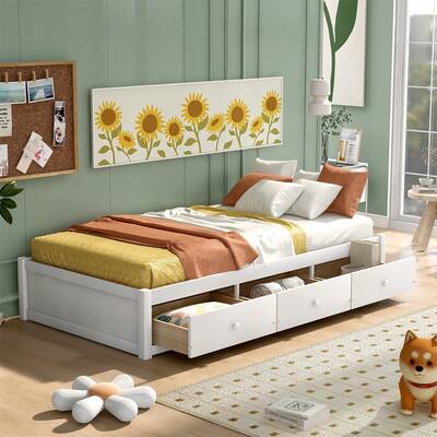 Twin Size Modern Solid Wood Platform Storage Bed Frame with 3 Drawers
