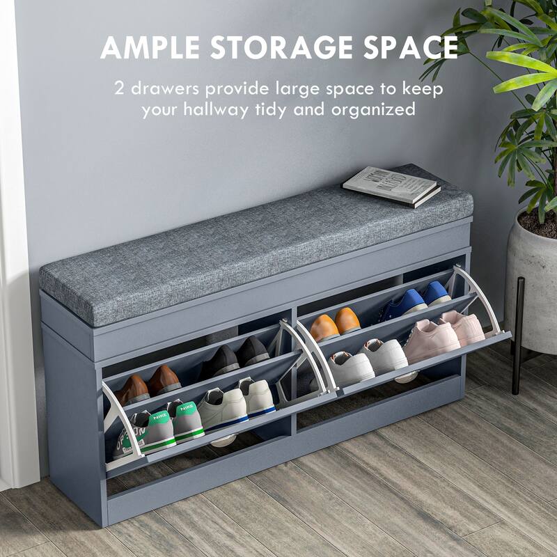 Storage Organizer Shoe Bench Cabinet with Cushion, 2 Drawers and Adjustable Shelf for Entryway, Mudroom, Hallway and Porch