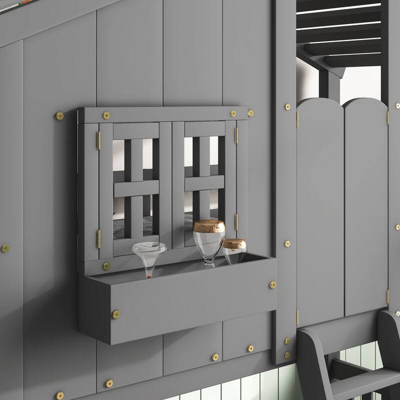 Grey Twin over Twin Size Wood House Bunk Bed with Roof , Window, Window Box, Door, Safety Guardrails and Ladder