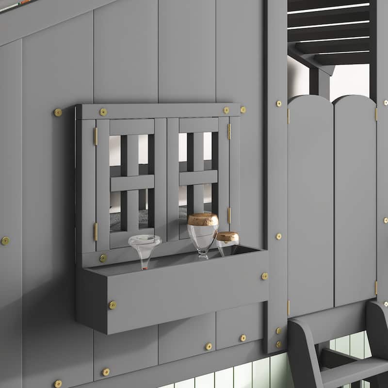 Twin over Twin House Bunk Bed with Roof, with Safety Guardrails and Ladder, Grey