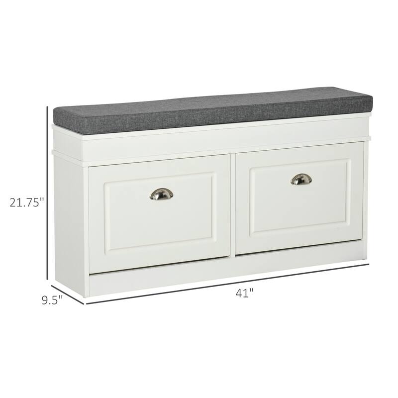 White-Grey Fabric Shoe Bench with Drawers, Cushion and Modern Design - 41" L x 9.5" W x 21.75" H