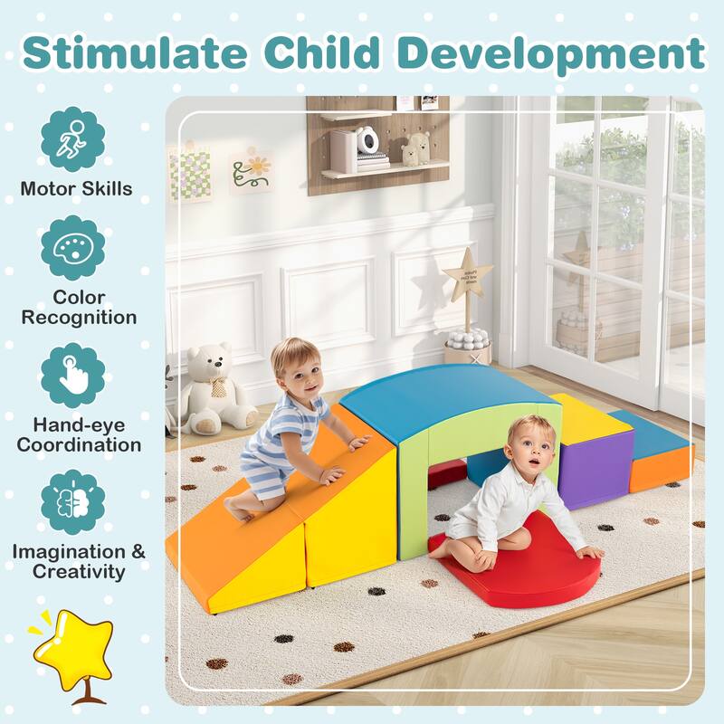 Multicolor PU Foam Climbing Blocks 6 Pieces, Safe, Versatile, Educational Playset for Kids, Tunnel - 16" x 12" x 10" (L x W x H)