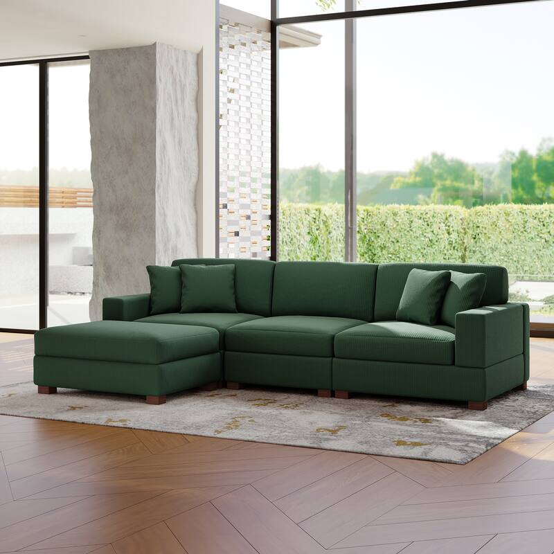 Modular Corduroy Sectional Sofa Set Chaise Couch with Ottoman - Hunter Green-4 Piece