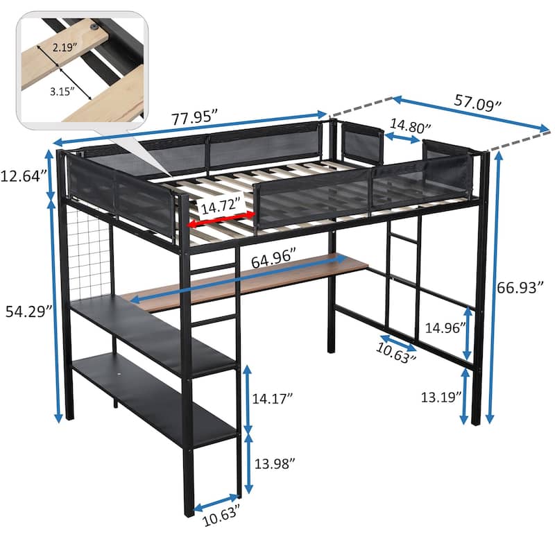 Black Full Size Metal Stell Loft Bed with Desk, Shelves, Noise-free Wood Slats and Comfortable Textilene Guardrail