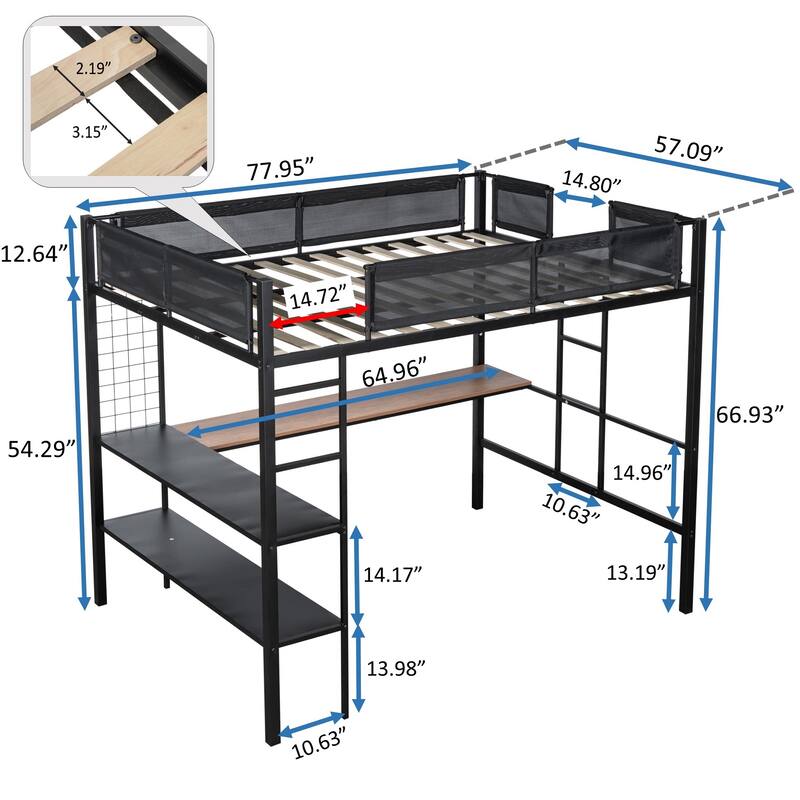 Full Size Loft Bed with Built-In Desk, Shelves, and Guardrail, Metal Frame with Side Ladders