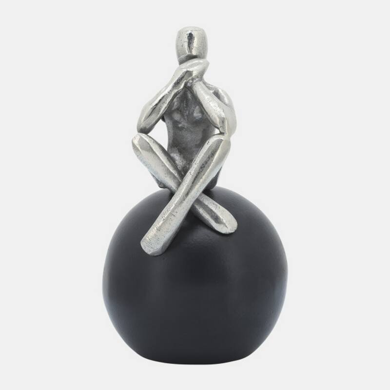 Thinking Man sitting on Orb Figurine - 9" - Silver and Black