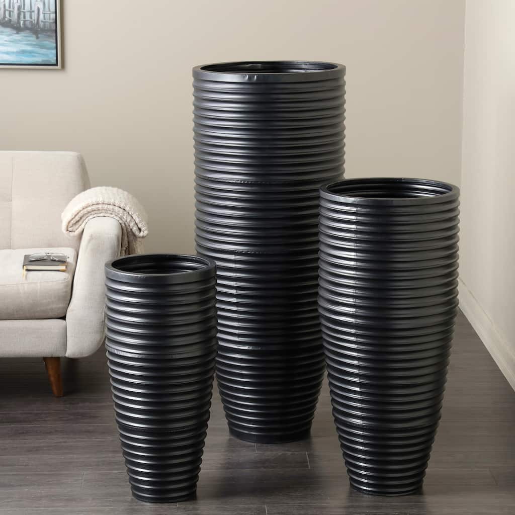 Black Metal Ribbed Tall Floor Decorative Vase with Horizontal Grooves (Set of 3)