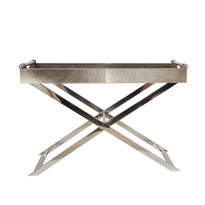 Gray Leather Tray Table Accent Table with Silver Legs and Handles