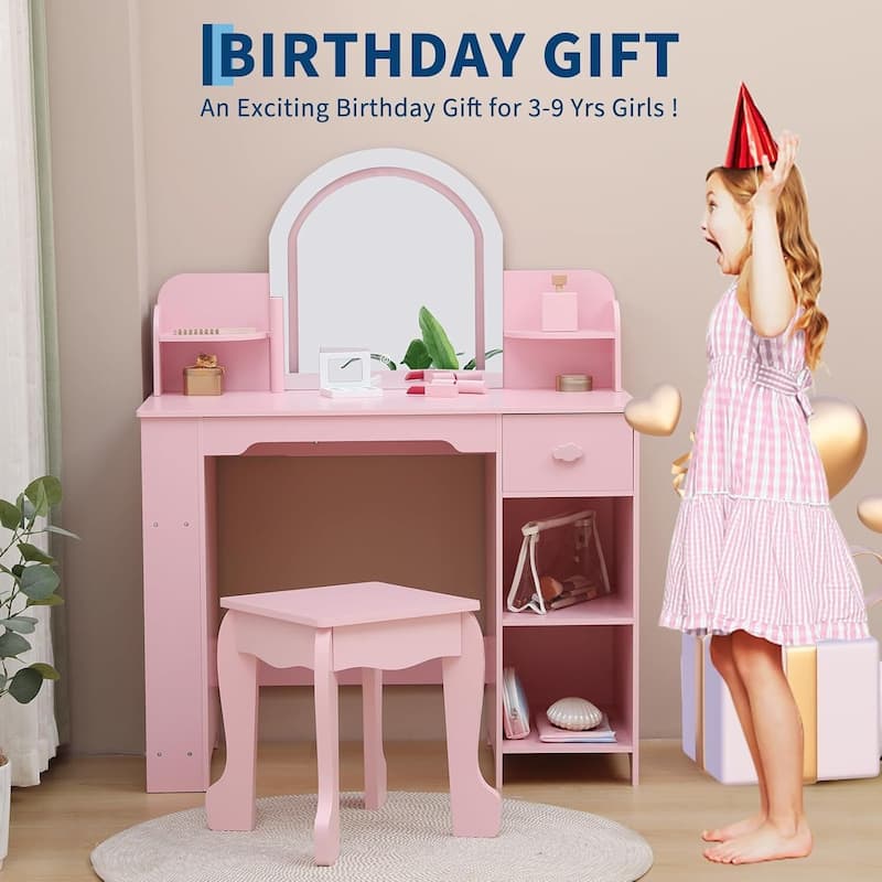2 in 1 Kids Vanity Table & Stool with Lighted Mirror, Bookshelf and Makeup Palyset
