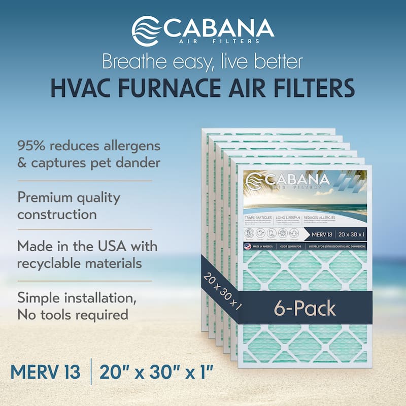 Cabana Air Filters 6 Pack HVAC Furnace Air Filters, MERV 13, 20 x 30 x 1, White - 1.08