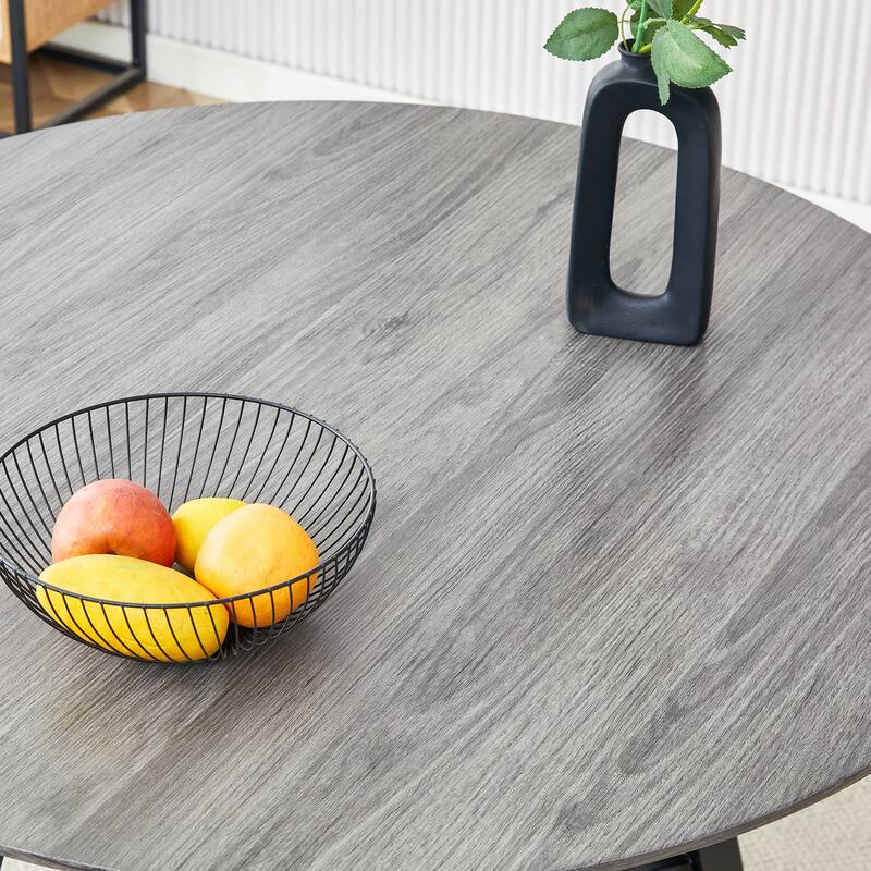 Round Dining Table And Coffee Table. 42 Inch Diameter Mdf Table Top, Deep Wood Grain Table Top,Black Metal Legs