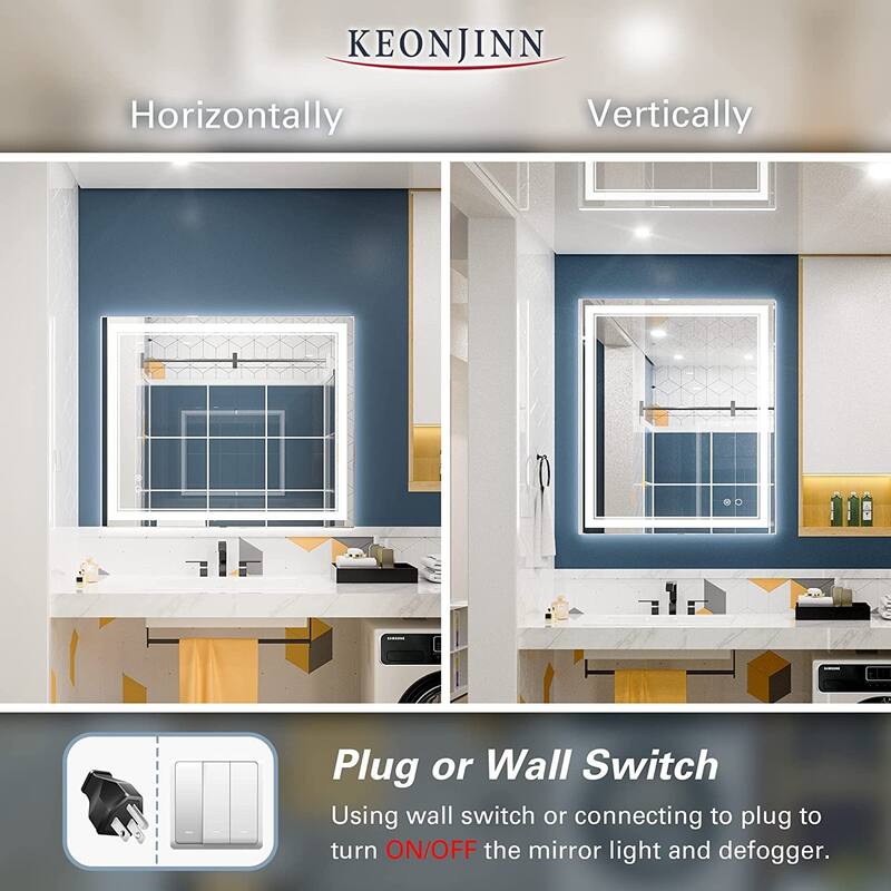 KEONJINN LED Bathroom Vanity Mirror, Wall Mounted Anti-Fog Dimmable Mirror