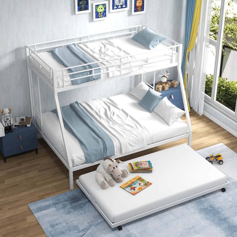 Costway Twin Over Full Metal Slats Bunk Bed Frame with Trundle, Guard