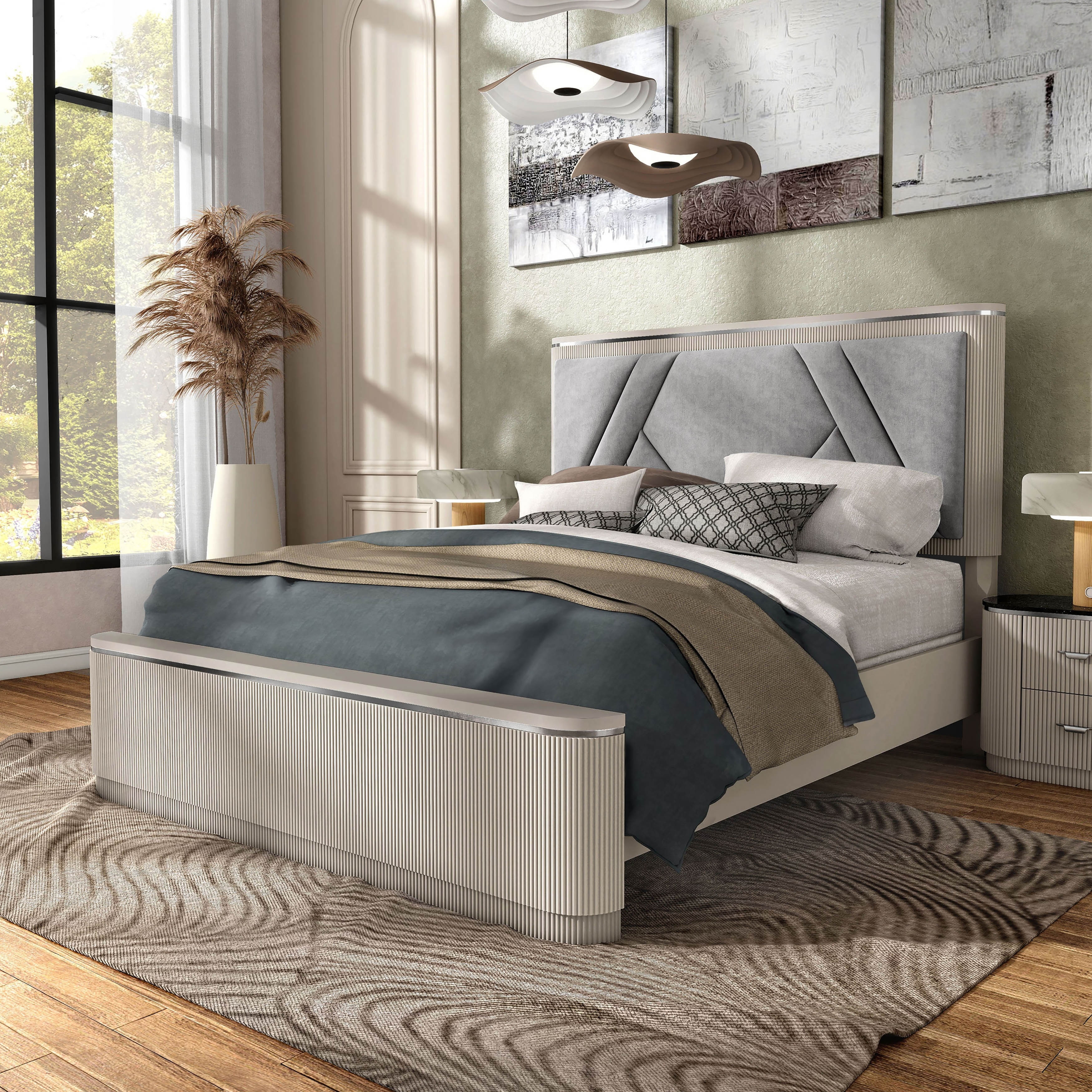Furniture of America Leander Modern Light Grey Fluted Solid Wood Bed