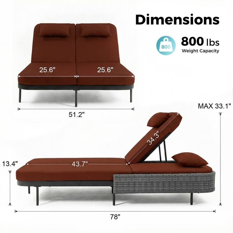2-Person Outdoor Double Chaise Lounge, Wicker Patio Reclining Daybed with 6-Position Backrests, 4" Cushions, 800 lb Capacity