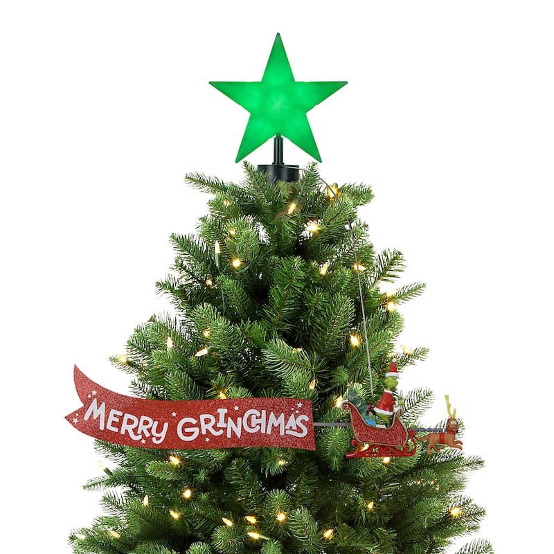 Animated Grinch Sleigh Tree Topper with Banner - Merry Grinchmas