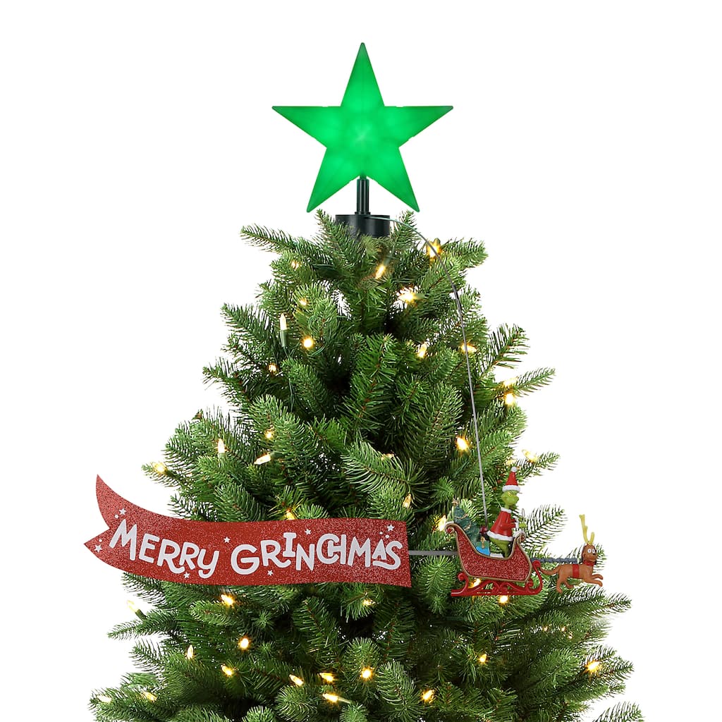 Animated Grinch Sleigh Tree Topper with Banner - Merry Grinchmas