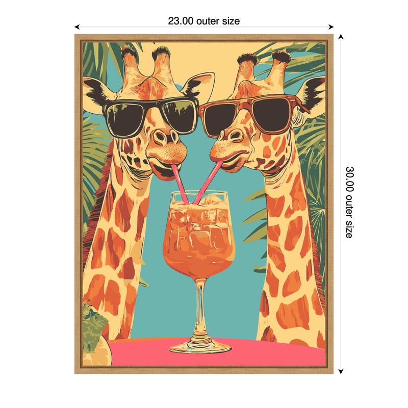 Giraffes Sharing a Drink by Andreas Magnusson Framed Canvas Wall Art - 23 x 30 in